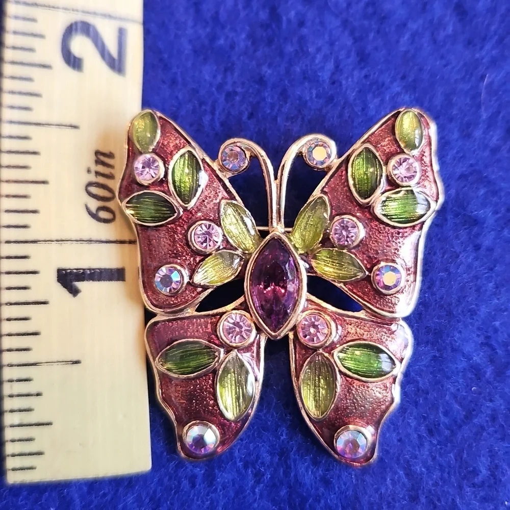 Vintage Liz Claibore Brooch Enameled, Rhinestones, Auroa Borealis, Gold Tone